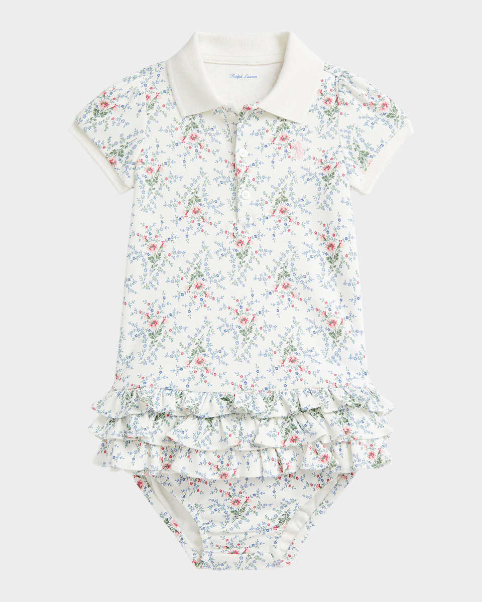 Girl's Floral-Print Ruffle-Trim Polo Dress, Size 3M-24